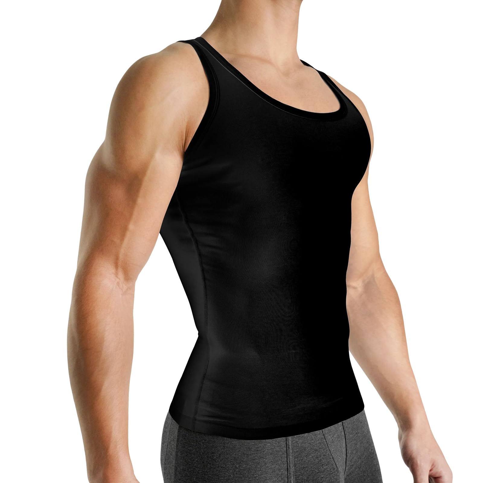 Rounderbum Men’s Compression Tech Slim Fit Cotton Tank Top – Posture Support & Core Shaping Undershirt, 2 Colors