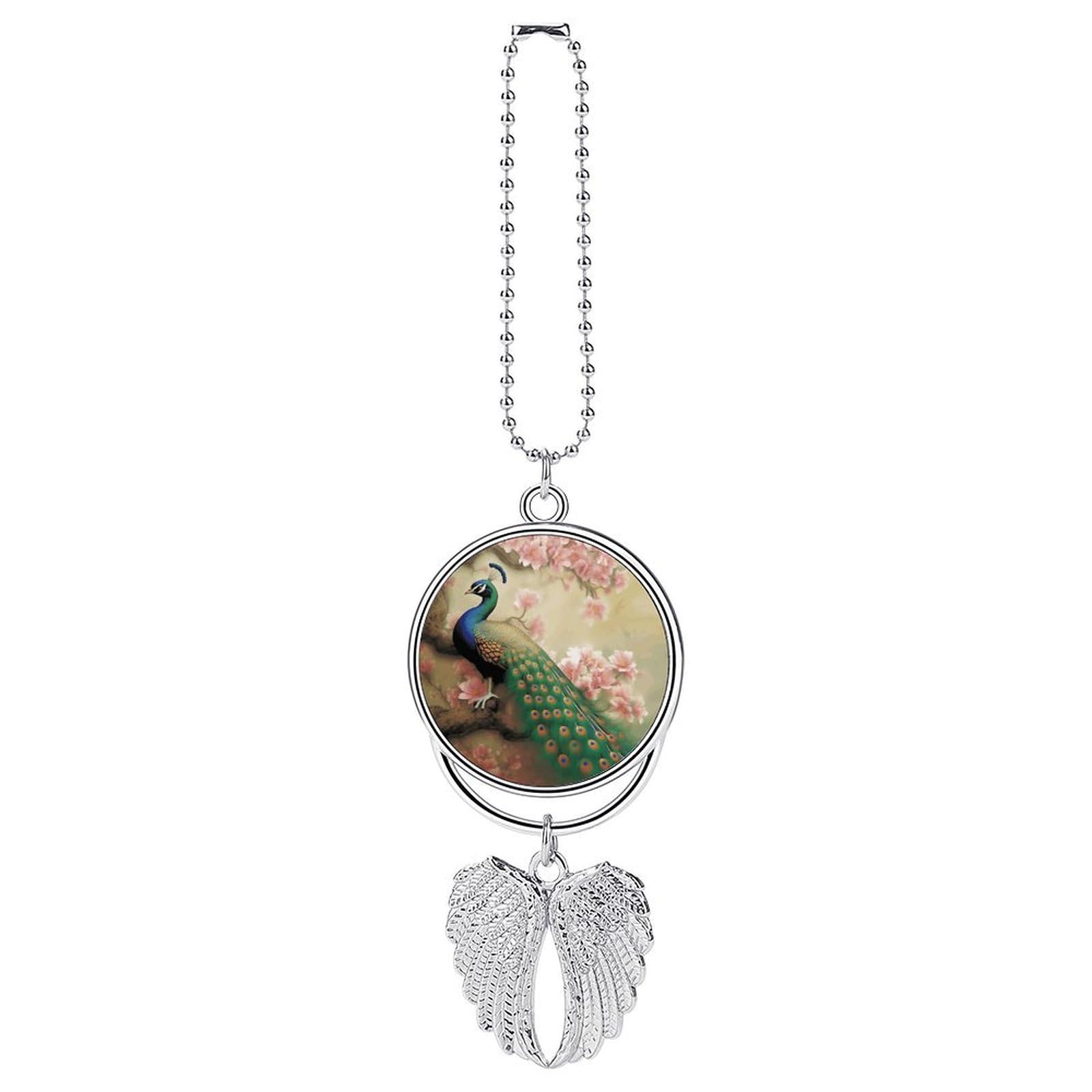 Car Charm Zinc Alloy Rearview Mirror Hanging Ornament Premium Metal Oriental Peacock on Flower Tree Car Pendant for Auto Interior Decor Accessories,Unique Gift for Adult,Silver-Style
