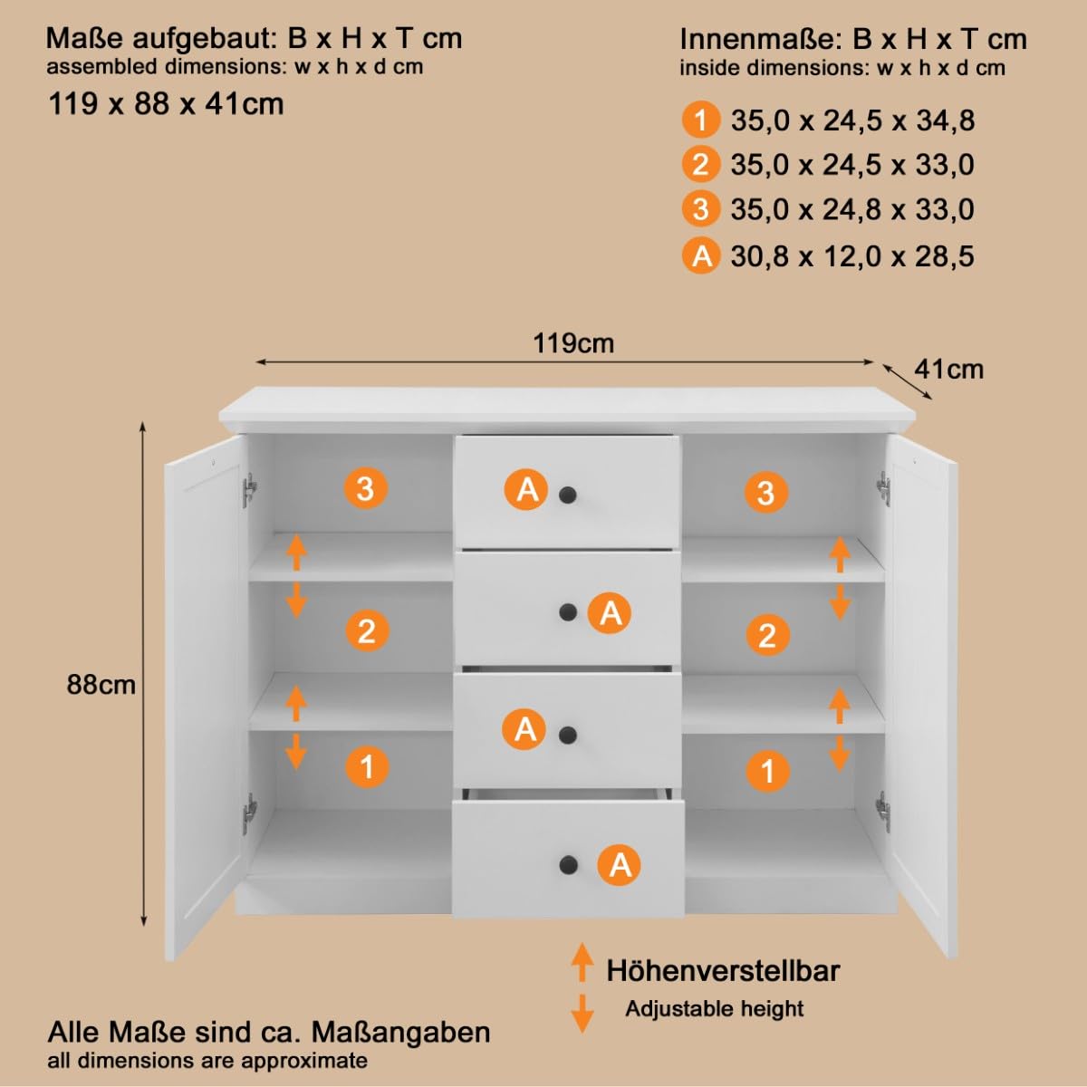trendteam smart living - Baxter - Sideboard - Weiß Matt - Kommode - Schrank - (BxHxT) 119 x 88 x 41 cm - Landhausstil - Schwarze Metallgriffe - Vollauszug Schubladen - Sockel