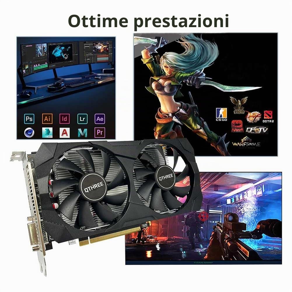 QTHREE Radeon RX 560xt 8GB GDDR5 128-bit Scheda Video, HDMI, DVI-D, DisplayPort, Scheda grafica per PC da gaming, PCI Express x16, DirectX 12, Alimentatore a 6 pin