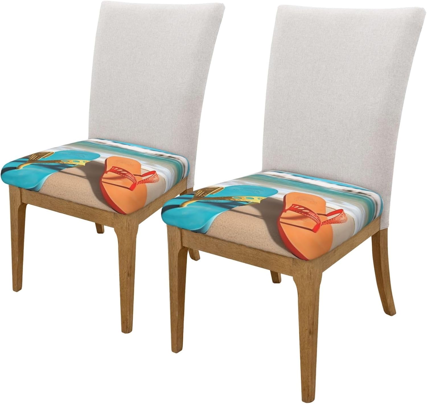 2PCS Stretch Seat Covers Set, Beach Flip Flops Chair Covers for Dining Room, Square Chair Seat Slipcovers with Ties, Removable Washable Dining Chair Protector Seat Cover for Kitchen Office