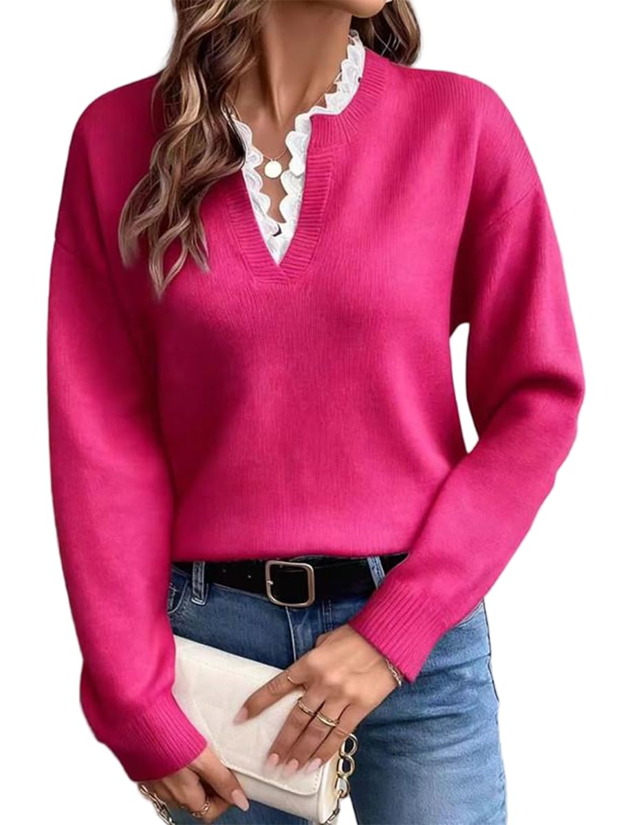 Womens Ruffle Lace Trim V Neck Long Sleeve Knit Cozy Pullover Sweaters Casual Loose Trendy Tops