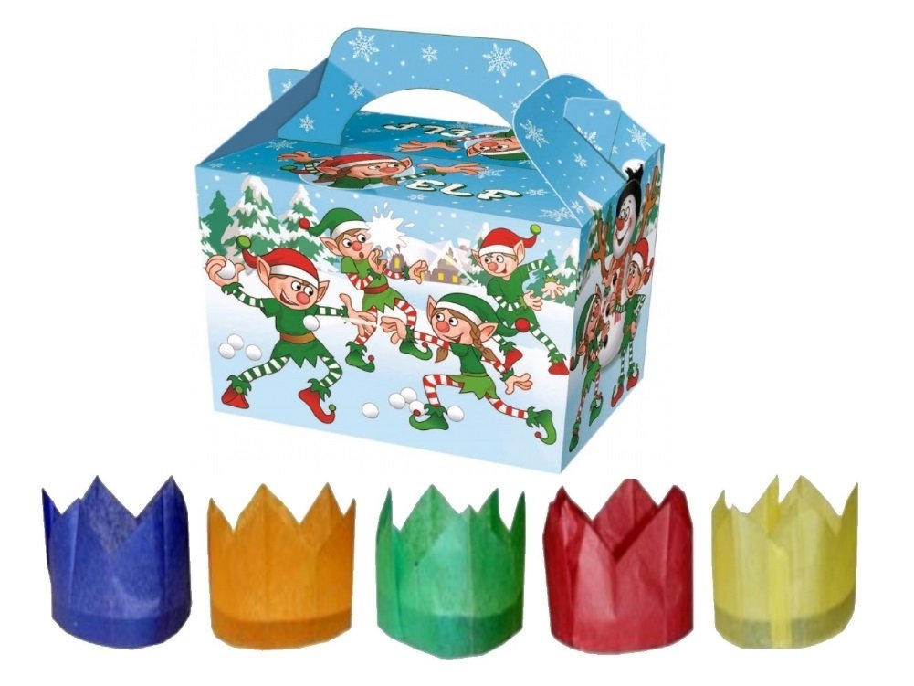 MustBeBonkers 100 X VARIOUS DESIGNS CHRISTMAS XMAS CHILDRENS KIDS PARTY MEAL BOXES WITH CRACKER HATS (NAUGHTY ELF)
