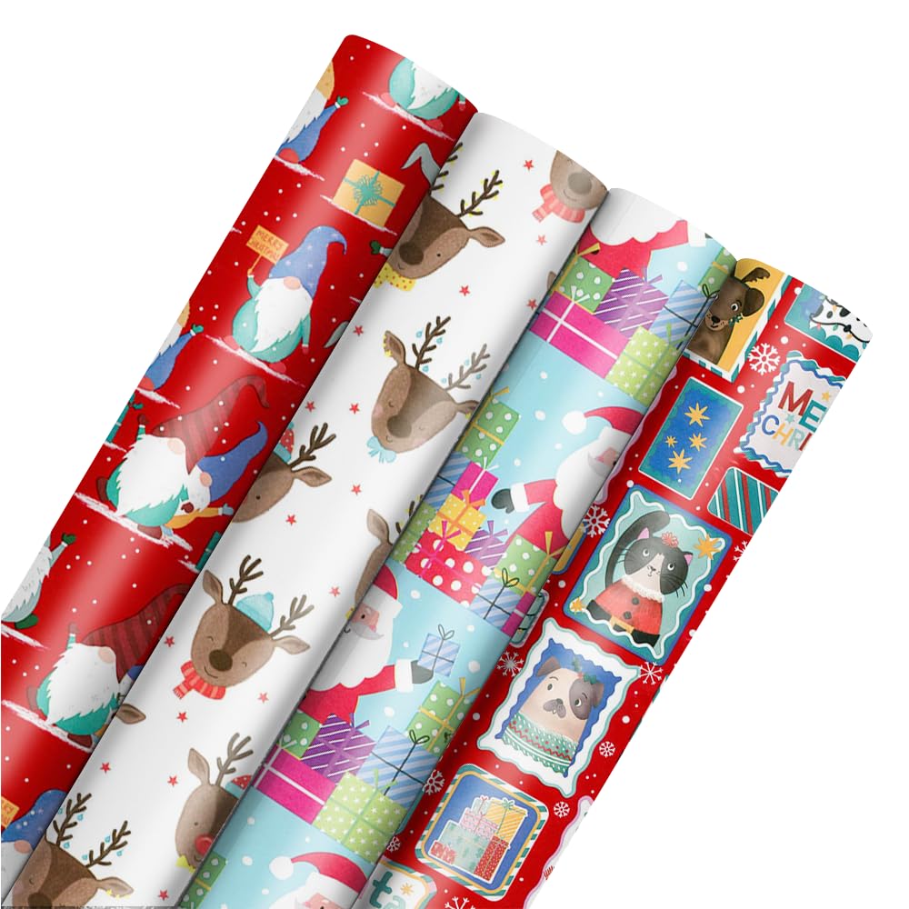 Pack of 4 x 4M Christmas Wrapping Paper Roll - Cute Xmas Gift Wrap Present Festive Kids Fun Birthday Santa Workshop Snowman Penguin