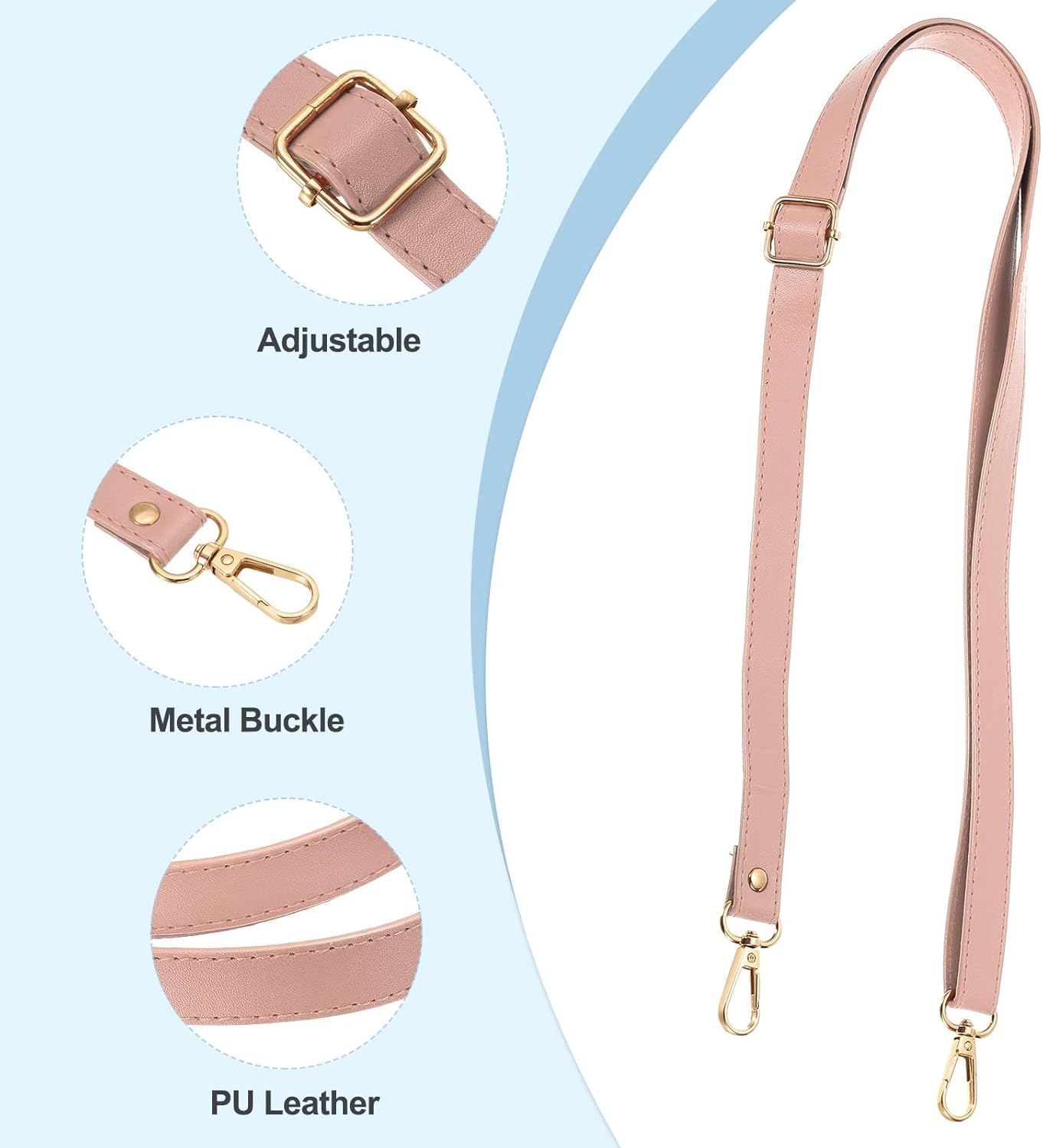 PATIKIL Leather Purse Strap Replacement 51 Inch, Adjustable Shoulder Crossbody Replacement Strap with Gold Hardware, Pink - Image 3