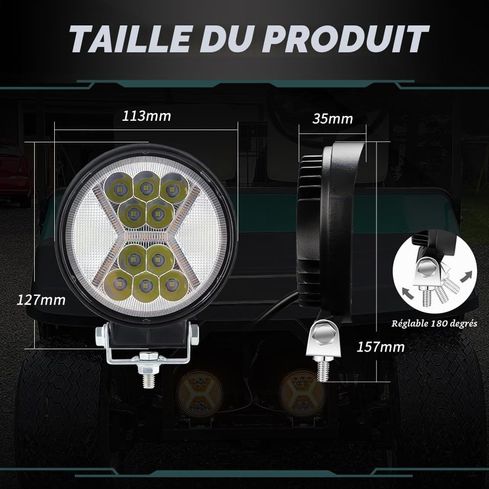 Lampe de Travail LED Hors Route 72W avec DRL Antibrouillard D'alarme Stroboscopique Ambre 4,5" Off Road Spot Flood Combo Lumière Conduite Phare 12-36V LED pour Moto Bateau Camion-2PCS