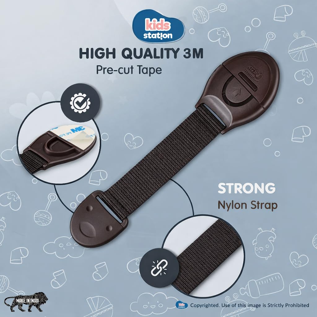 Kids Station Baby Safety Adjustable Cabinet Drawer Locks Straps|Strong & Adhesive Child/Toddler/Infants Safety Locks for Drawers, Cabinets, Fridge & Cupboard - Baby Proofing Product|Pack of 10|Brown 4