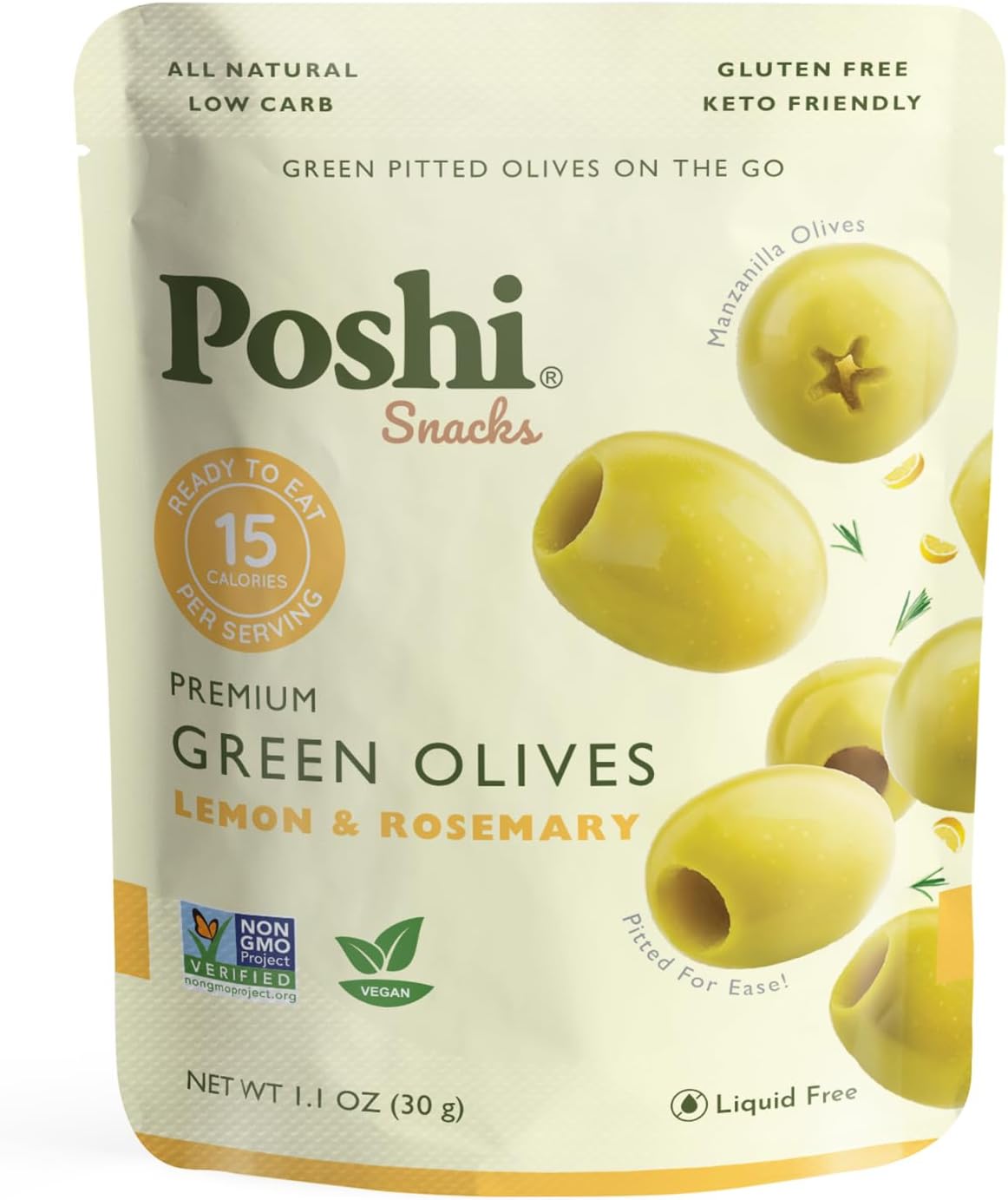 Poshi Green Pitted Olives | Lemon & Rosemary | Vegan, Kosher, Gluten Free + Keto Friendly, Fresh, All Natural Low Calorie Healthy Snacks | (30 Pack, 1.1oz Bags)