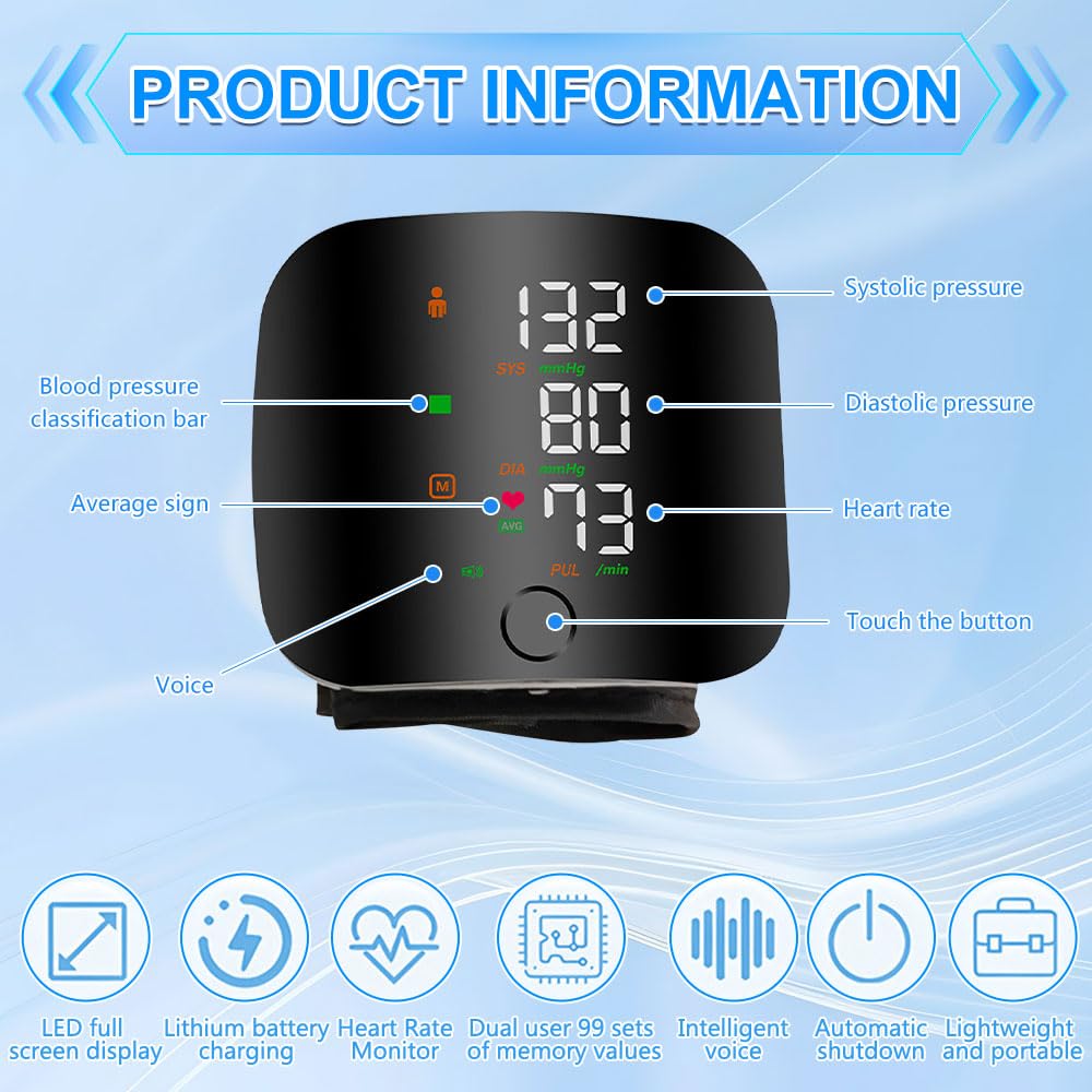 Tensiometro de Muñeca, Tensiómetro De Muñeca con Pantalla Táctil Led, Tensiómetro de Muñeca con Memoria de Lectura de 99x2 & Salida de Voz Automática, Recargable