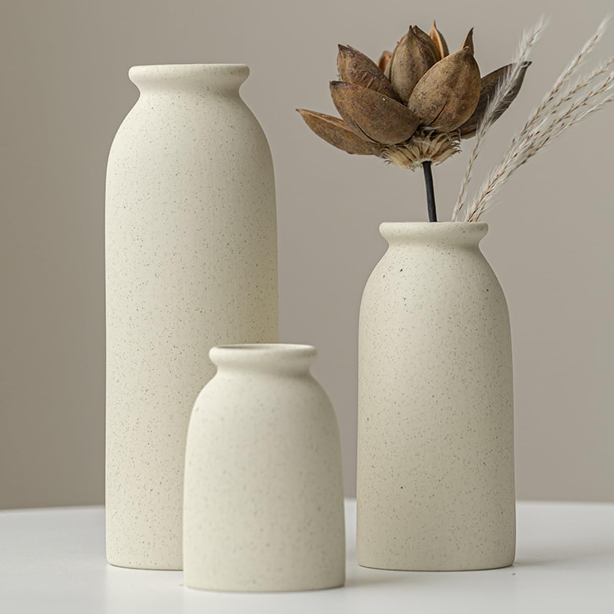 Set di 3 vasi di fiori in ceramica, per decorazioni, arancione, giallo, bianco (Beige Middle Size)