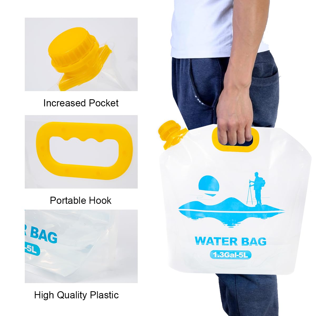 Bolsa plegable de agua de emergencia, cubo de almacenamiento de agua, plegable plano, sin BPA, de grado alimenticio, jarra de almacenamiento de plástico transparente para camping, senderismo,