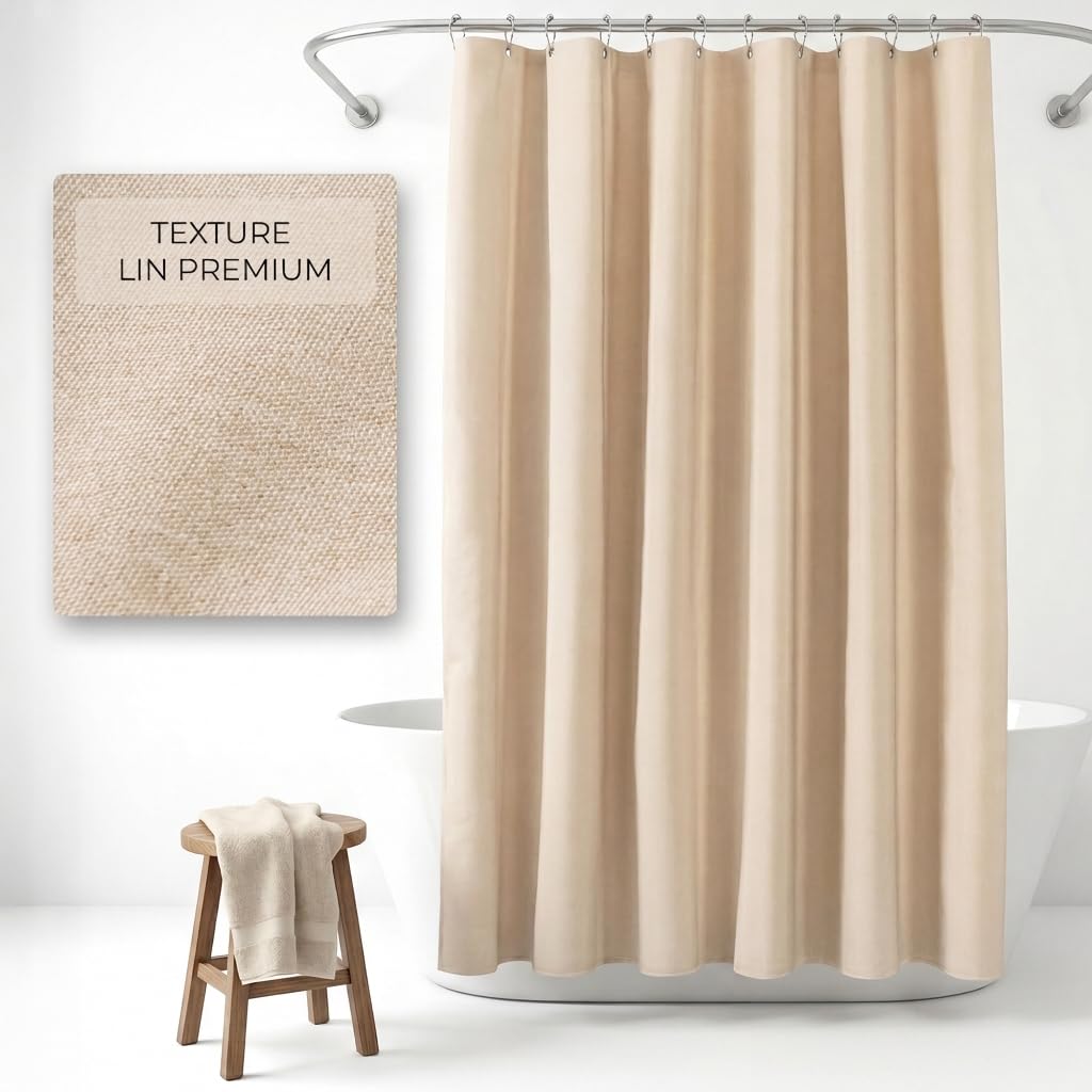 Cortina de ducha de textura de lino de alta calidad, 180 x 180 cm, impermeable y antimoho, lavable, dobladillo con pesos, con ojales, color beige