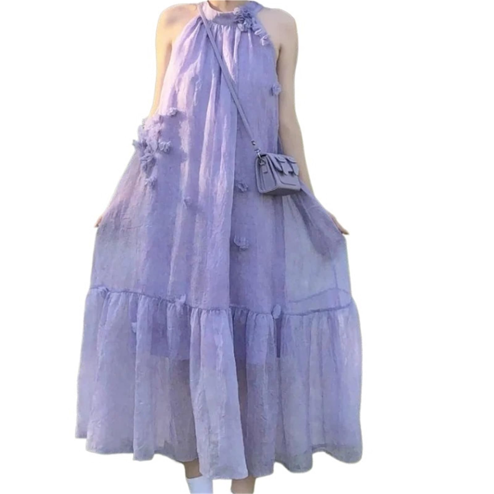 Vestido Morado Estilo francés con Cuello Halter for Mujer, Vestido Largo Adelgazante de Verano Tirantes for Vacaciones en la Playa, Dulce y Fresco