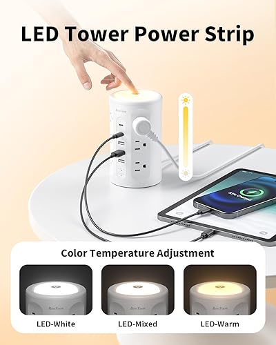 Miniatura 4 de Torre de regleta con luz nocturna, PD de 20 W, protector de sobretensiones con puertos USB, cable de extensión de 10 pies con múltiples tomas de