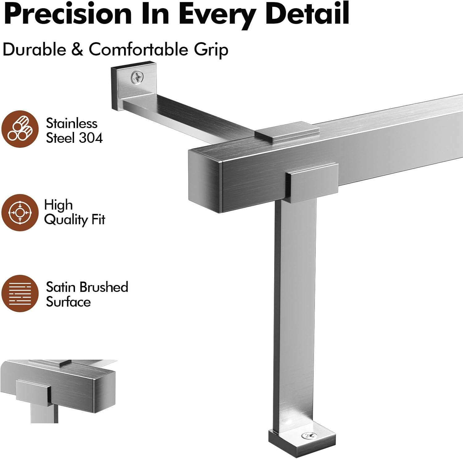6ft Bar Foot Rail Kit - Stainless Steel 304 Satin Brushed Square Railing, Undercounter Mount Hardware and Tubing Complete Kit for Indoor and Outdoor