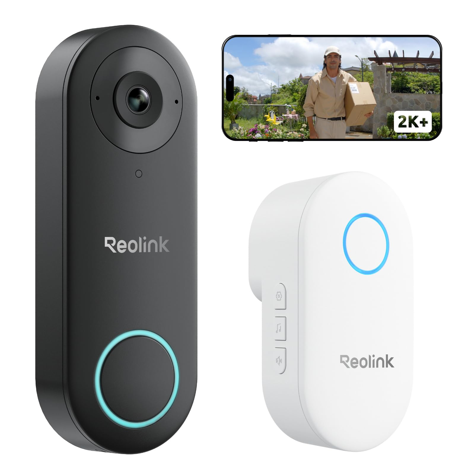 Reolink 2K+ Timbre con Camara Exterior, 2,4/5GHz, Detección/Alerta de Personas Inteligente, Visión Nocturna, Audio Bidireccional, IP65 Impermeable, Admite Tarjeta microSD/Nube, Video Doorbell WiFi