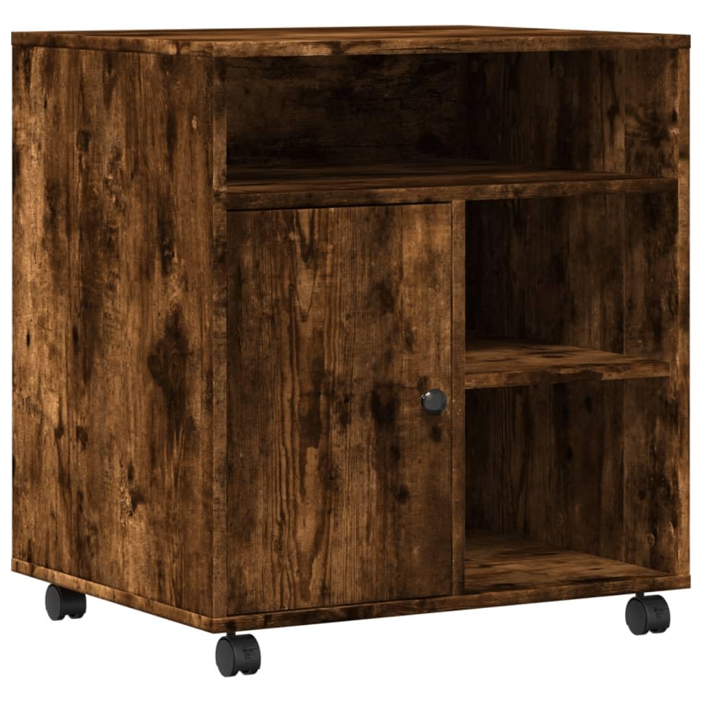 Druckerständer mit Rollen Räuchereiche 60x50x67 cm, Druckerwagen mit Rollen für Büro und Arbeitszimmer, Druckerregal mit viel Stauraum für Akten und Bücher, 2 arretierbare
