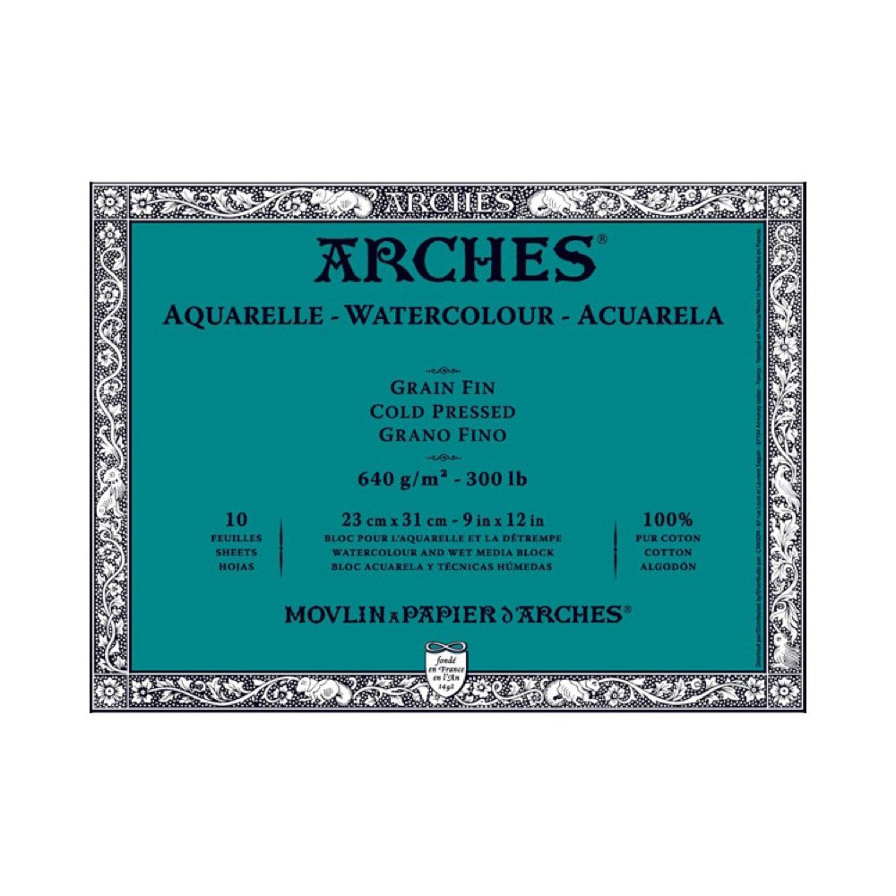 Arches 1795065 Aquarellpapier im Block (23 x 31 cm, 4-seitig geleimt, 640g/m² Feinkorn) 10 Blatt schwarz