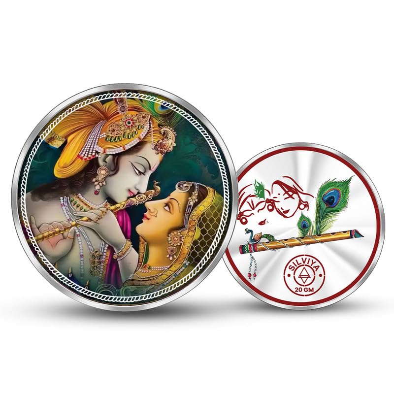 SILVIYABIS Hallmarked Radha Krishna with Mor Pankh 999 Pure Silver Coin (10g, 20g, 50g, 100g) Round Shape- Janmashtami - Puja Gift - Divine Love Couple - Vrindavan - With Certificate