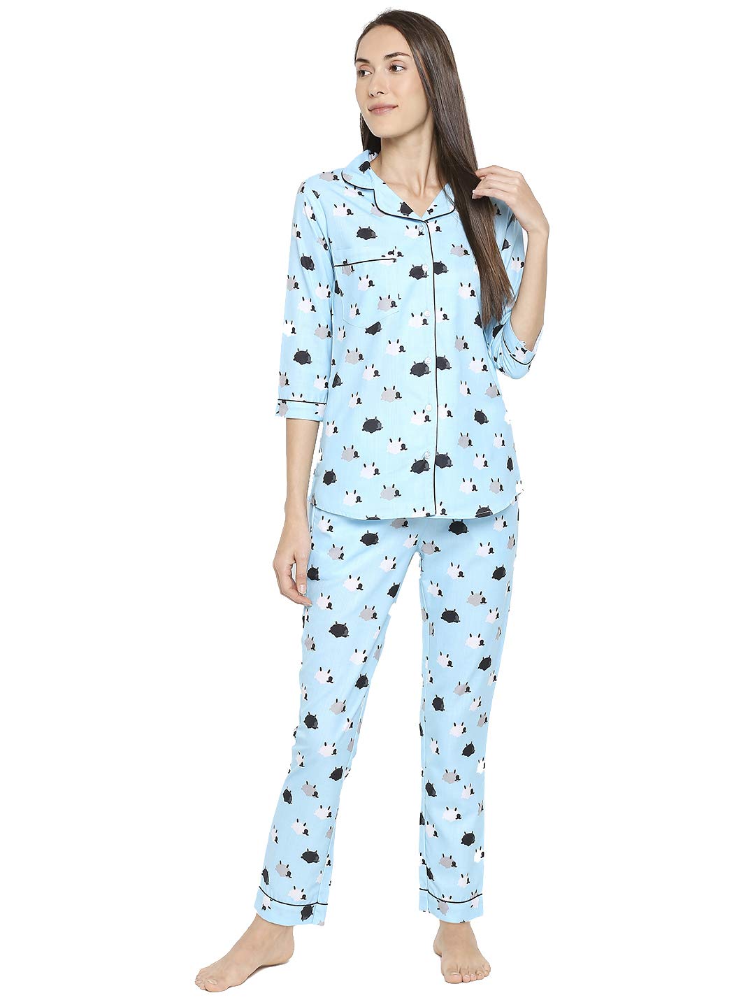BLACKSMITHWomen's Rayon Regular Fit Night Suit Lazy Sheep Design (Blue,M)