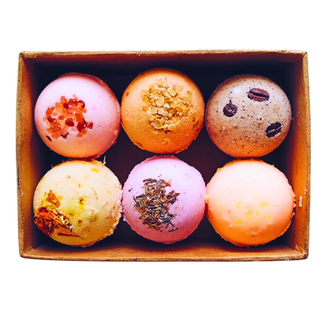 Bath Bomb - spa set for women _ Rose, calendula, Oats, Green , Pink salt |and city's orange lime Refreshing hot water bath hydrating moisturizing enchanting Fizzy Aromatic Bath Bomb ( 75 g) each - Pack of 6 Perfect Hamper for Women Men (MIX)