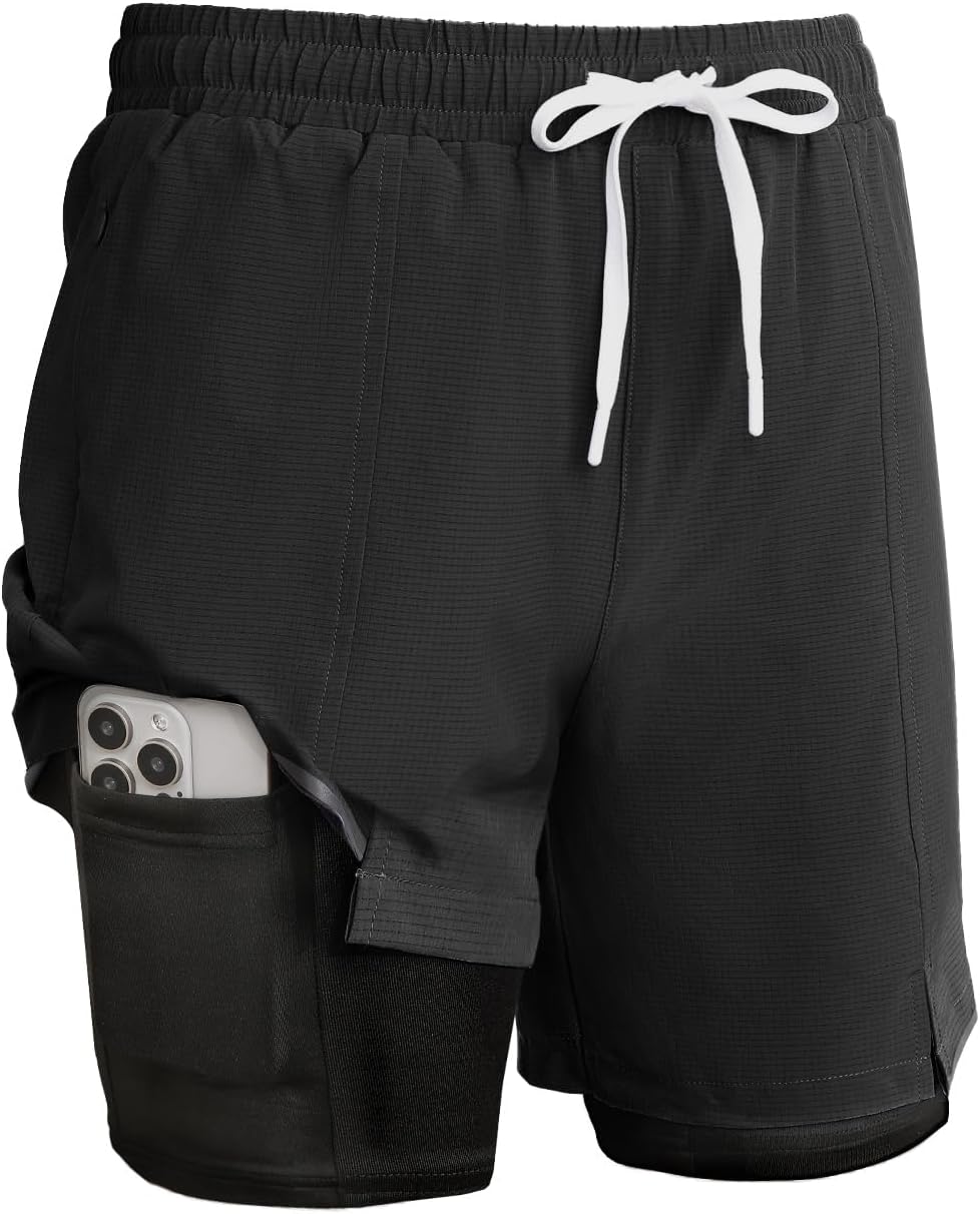 TXJ Sports Men's 2 in 1 Running Shorts 5" Athletic Workout Shorts for Men with Compression Liner Zip Pockets Gym Training