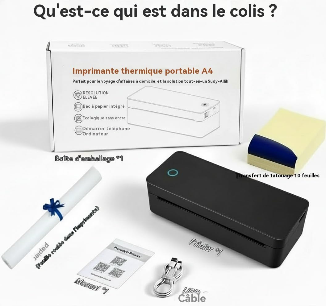 Imprimante de tatouage A4 thermique éducative - Noir - 10 feuilles de modèle + 1 rouleau papier standard