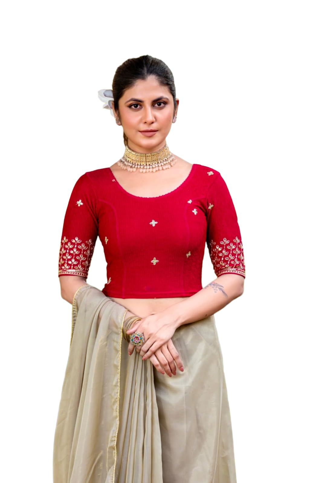 Women's Embroidered Saree Blouse, Round Neck, Elbow Sleeves, Floral Gold Work, Ethnic Wear-picture-61