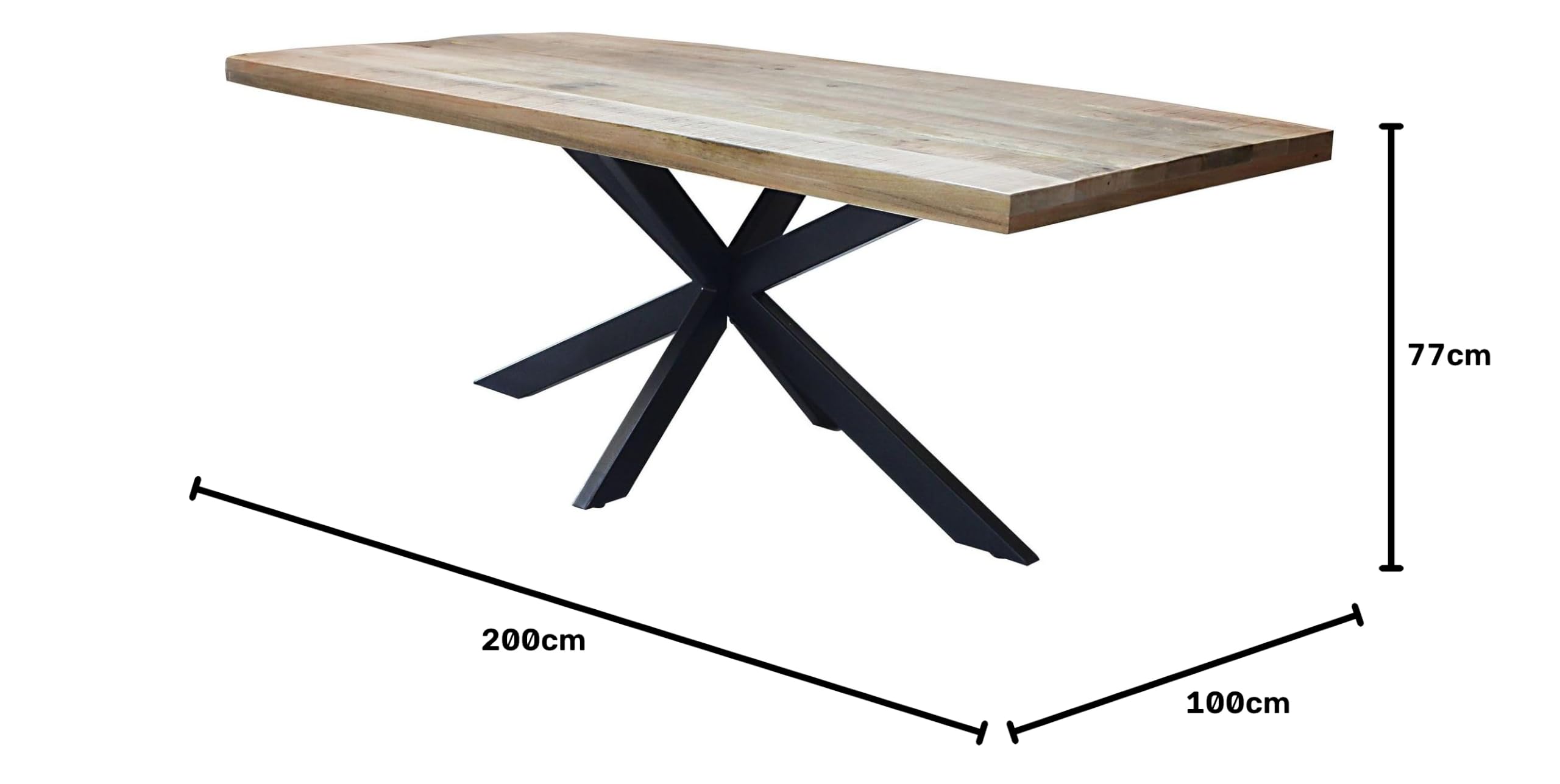 milani home - tavolo da pranzo fisso 200 x 100 x 77 cm, piano in legno massiccio mango naturale, base in metallo nero