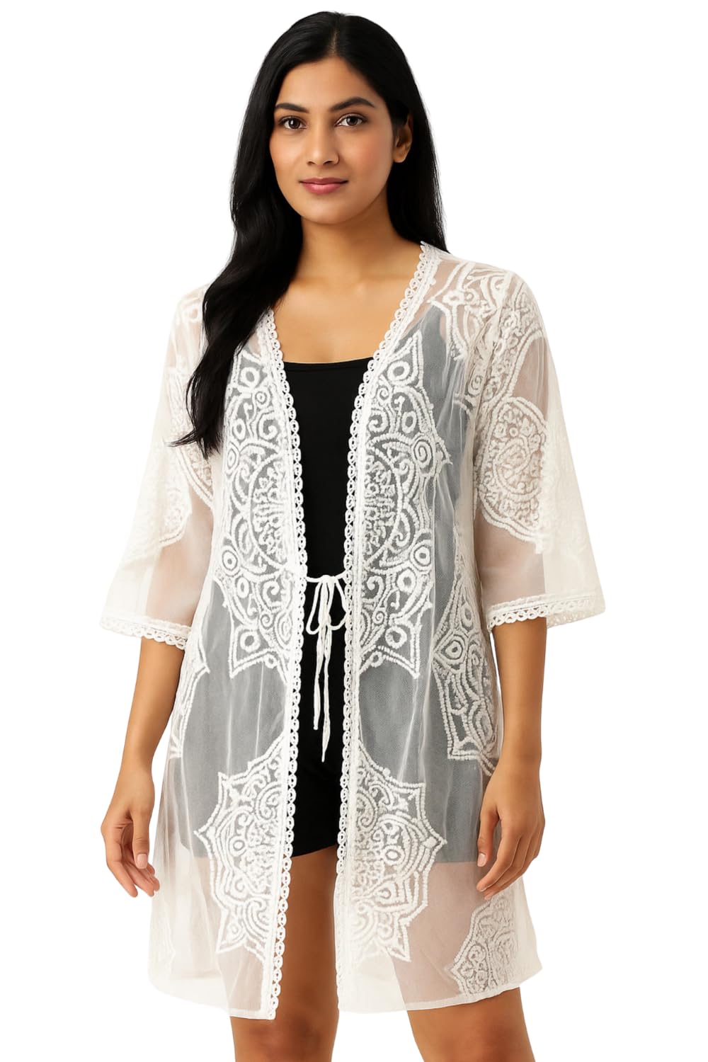 Women's Lace Sheer Summer Shrug, 3/4 Sleeve Open Front Cardigan, White Floral Embroidered Beach Cover Up-picture-33
