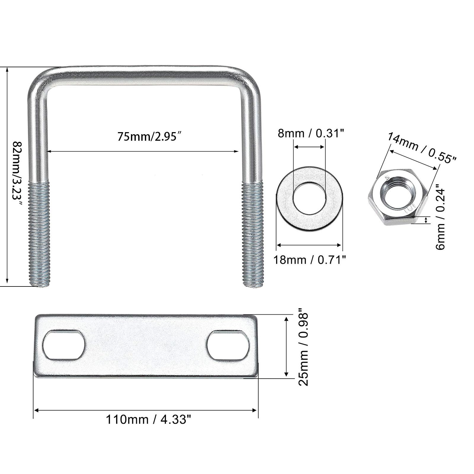 TOP-VIGOR 2 sets M8 Square U-Bolts, 82mm Inner Width 75mm Length Steel U-Bolts with Nut, Plate - Image 2
