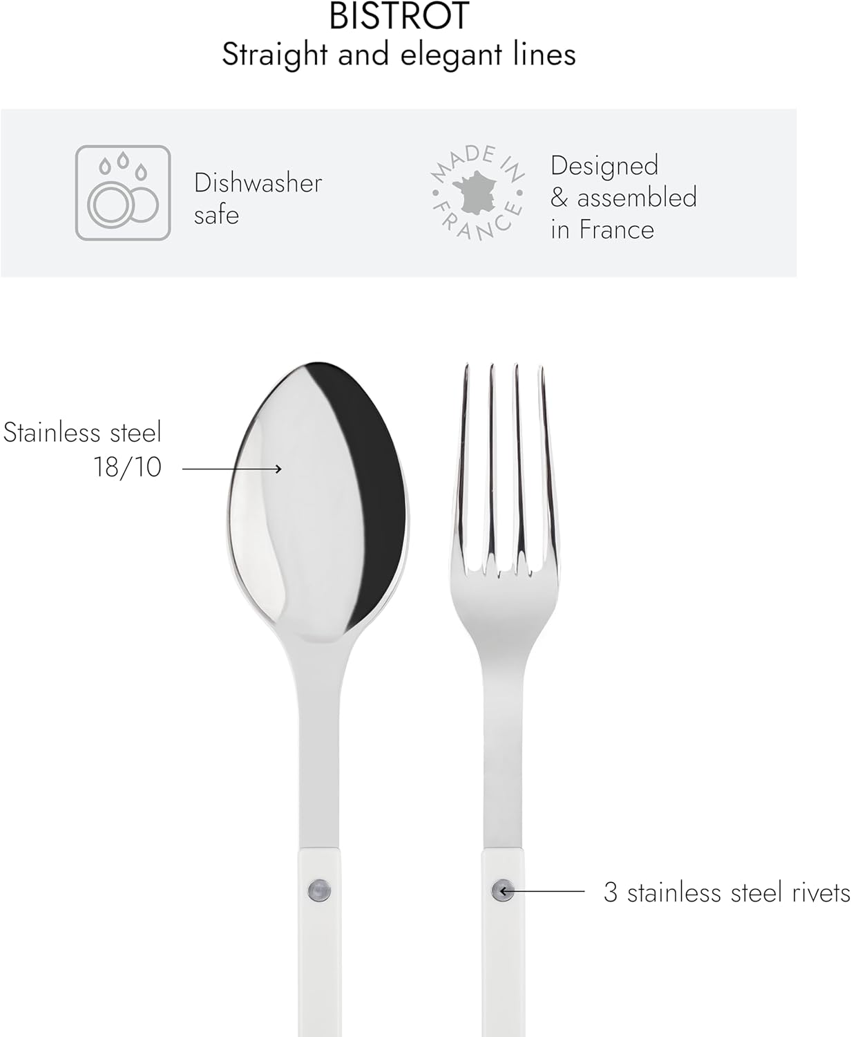 SABRE PARIS - 2-Piece Serving Set - Bistrot Collection - Large Fork & Large Spoon - Stainless Steel & Nylon - Dishwasher Safe - White - Brilliant Finish