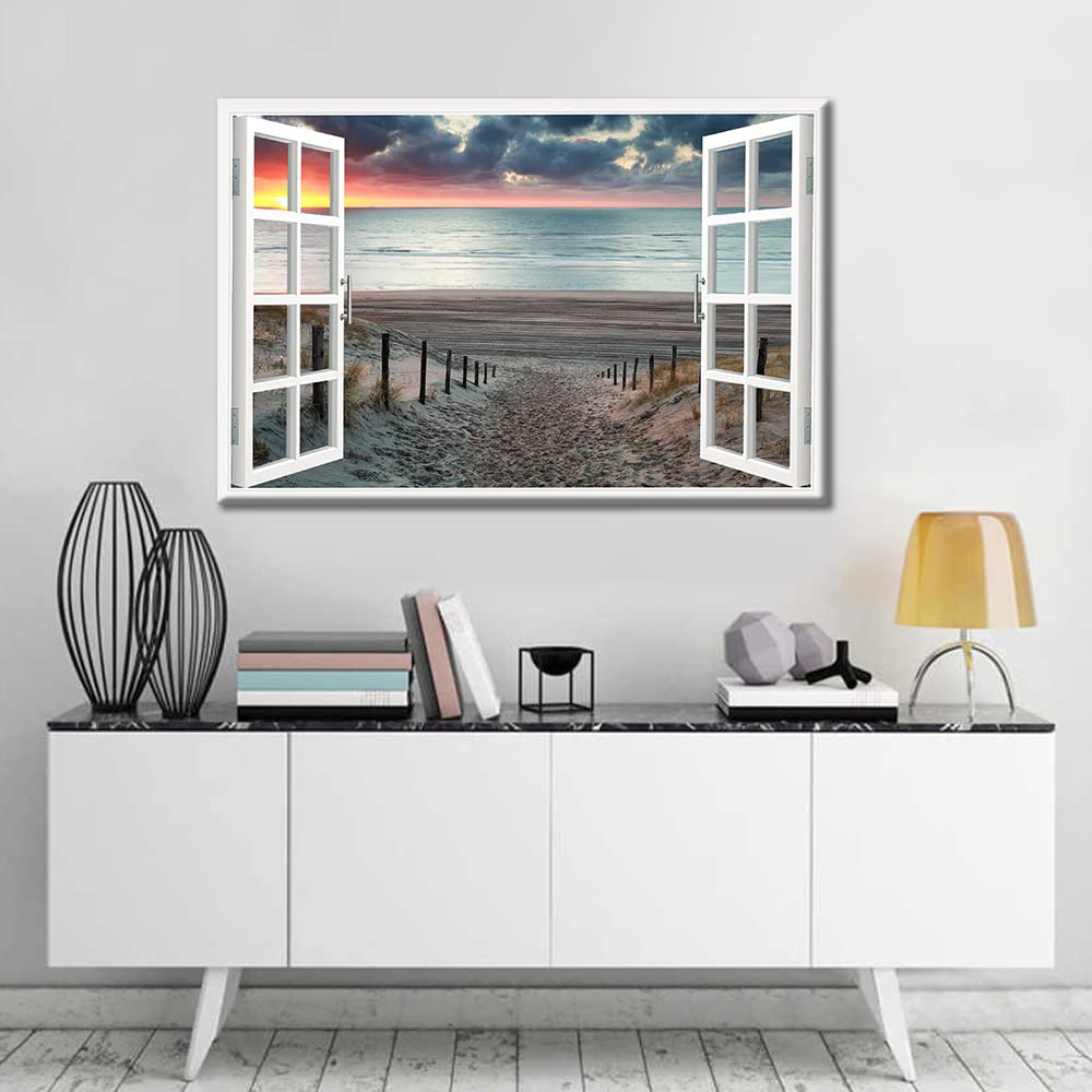 TISHIRON 3D Window Effect Coastal Picture Artwork Beach Seascape Canvas Wall Art with Wooden Pathway to Ocean for Bedroom Wall Decor Stretched and Framed Ready to Hang 16x24inch - Image 3