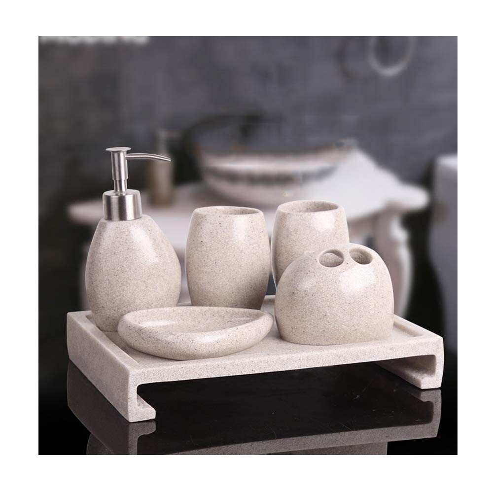 Estilo Moderno Juego de Accesorios de Baño de Resina Conjunto de Baño con Porta Cepillo de Dientes, 2 Tazas, Dispensador de Jabón Líquido, Jabonera, Creatividad de Arenisca,with Reverse Tray