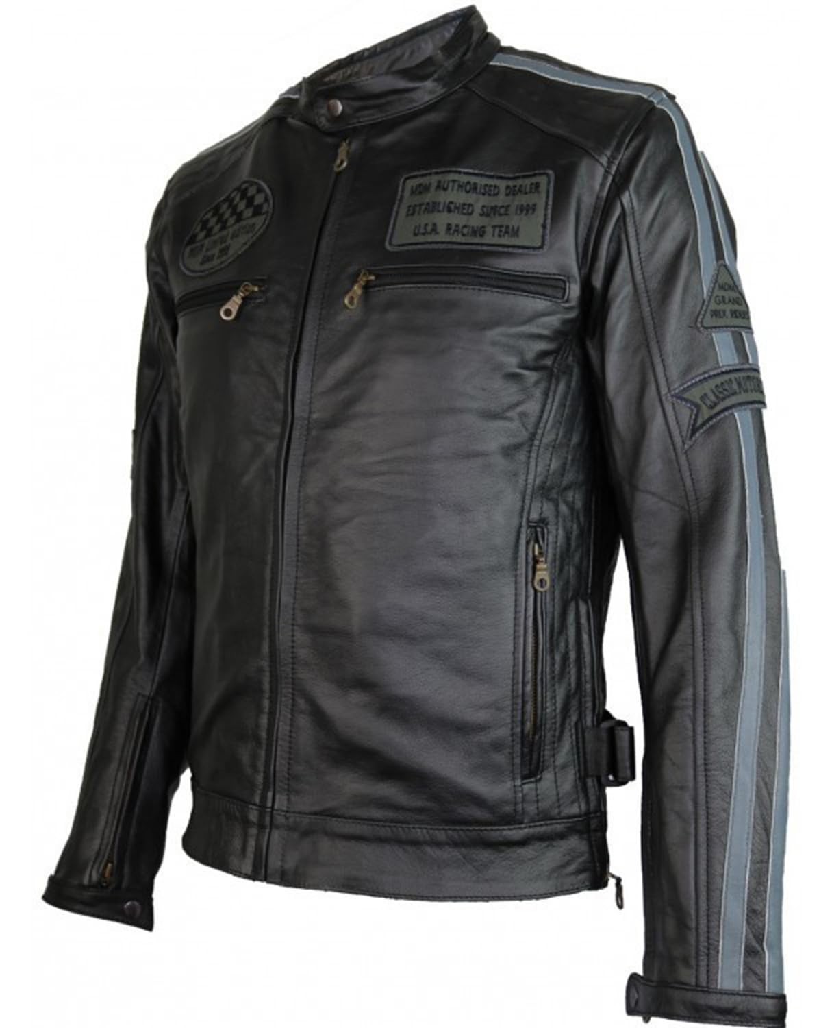MDM Herren Motorrad Streifen Jacke Highway Bikerjacke aus echtem Leder
