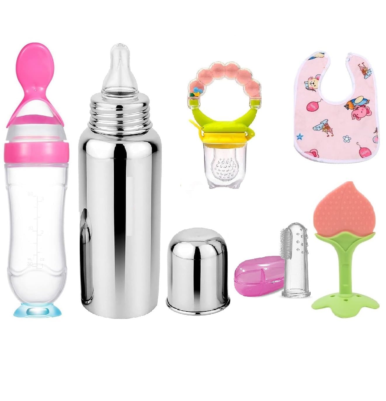 The Moms Care Baby Fruit Feeder Pacifier with Rattle (1 Pcs) with 1 PCS Silicone Food Dispensing Spoon 90ML and 1 pcs Fruit Teether 1pcs Finger Brush 1 pcs Baby bib 1 pcs Steel Bottle 240 ML(Pink)-image-42