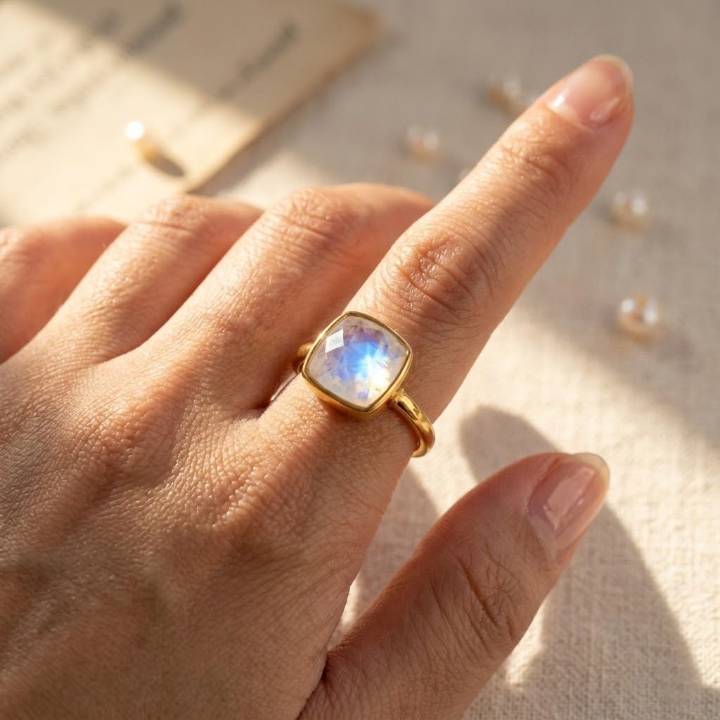 Cushion Cut Birthstone Ring Bezel Set in Vermeil Gold, Sterling Silver, or Rose Gold, Stacking Birthstone Ring