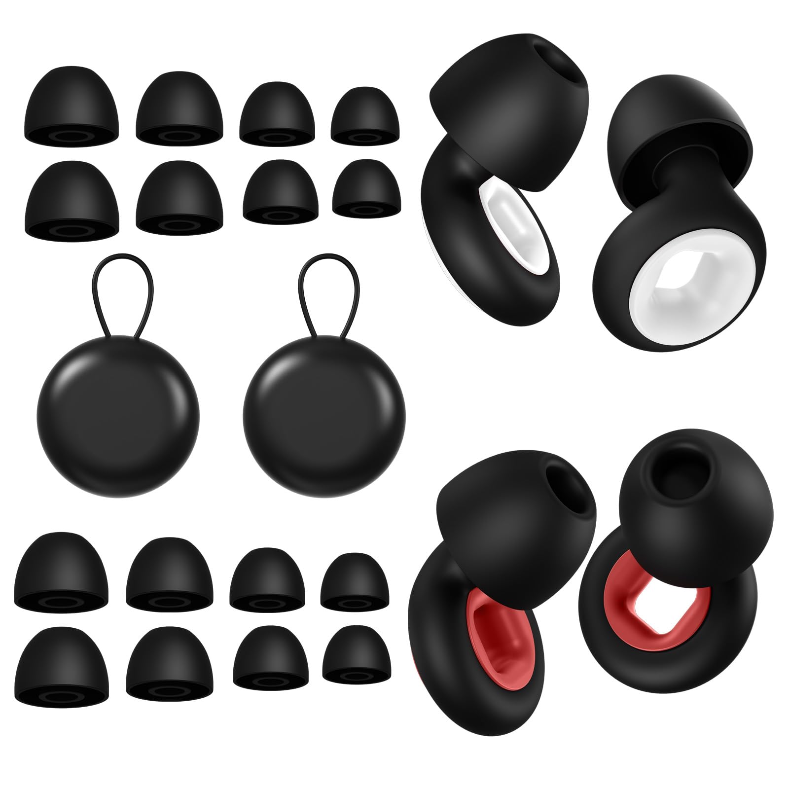Tappi per orecchie da 28 dB per dormire, 2 paia riutilizzabili in morbido silicone per moto, sonno e concerti, anti-rumore con 8 punte, nero/rosso e nero/bianco