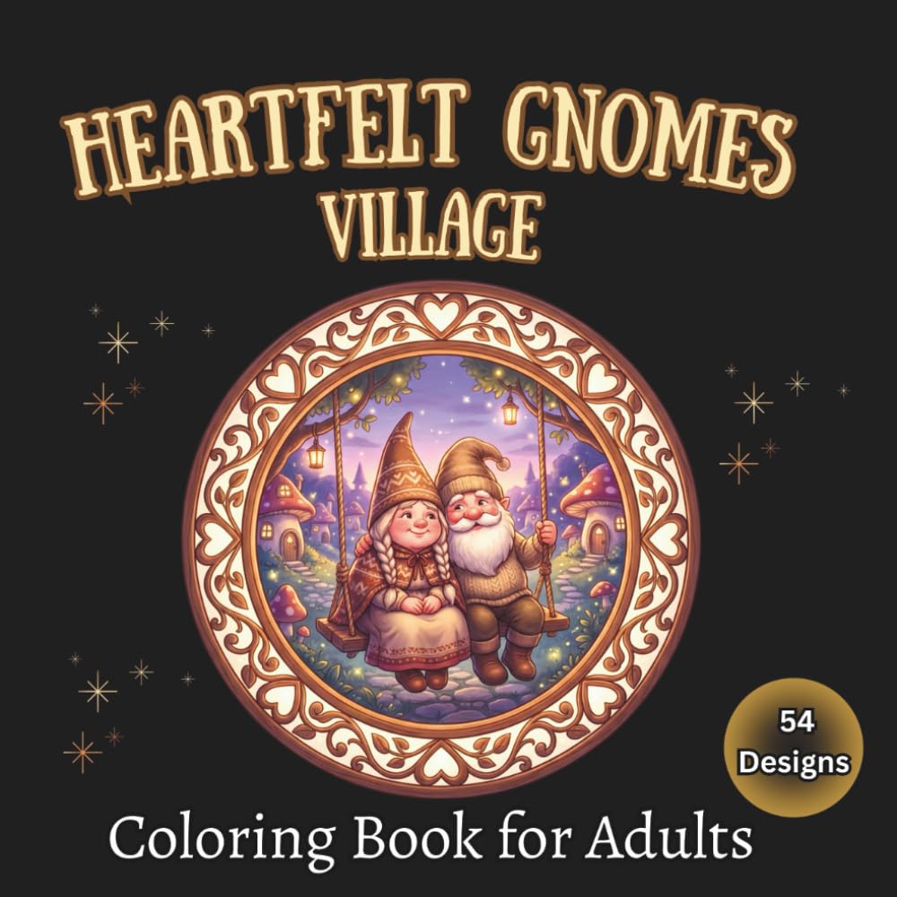 Heartfelt Gnomes Village Coloring Book for Adults: 54 Cute and Playful Character Illustrations on Black Background for Stress Relief and Relaxation