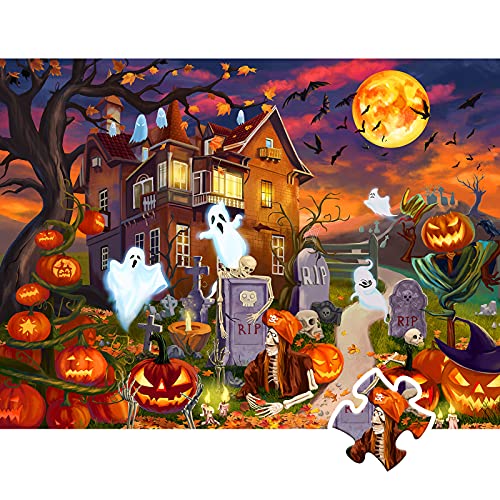 HXMARS Halloween Jigsaw Puzzles 1000-Piece: Halloween Fright Night,Ghosts Gathering, Jigsaw Puzzle for Adults and Kids Family Game Holiday Toys Gift, Unique Shape Colorful Art Home Decoration