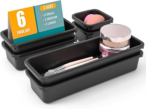 Juego de 6 organizadores de cajones, organizador divisor de cajones de maquillaje de 3 tamaños con almohadillas antideslizantes, contenedores de