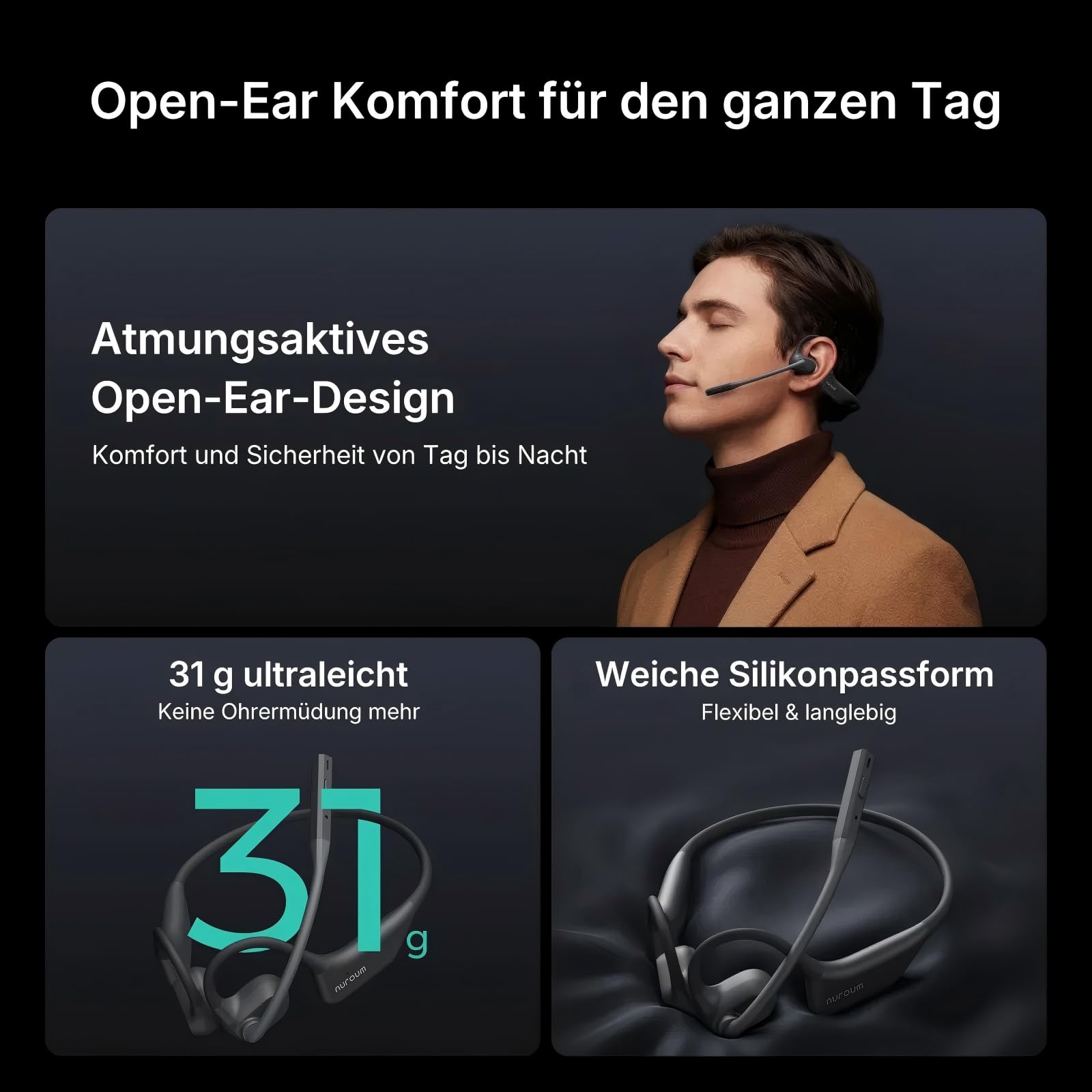 Nuroum OpenEar Pro 2 Kopfhörer Bluetooth 5.4 mit Mikrofon und Geräuschunterdrückung, Dual-Verbindung Wireless Headsets mit Dongle, Kabellose Headphones für Büro/Arbeit/Meeting, 12 Std Gesprächszeit