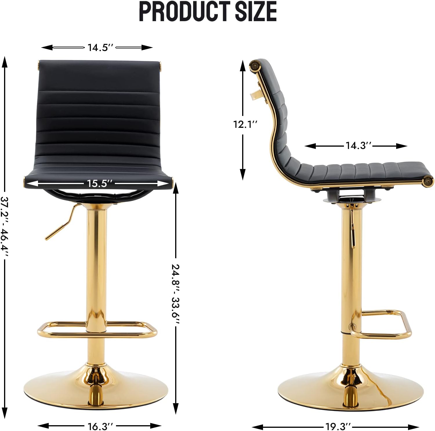LZAREAL Metal Bar Stools Chairs Set of 2 Height Adjustable Barstools Modern Black PU Leather Armless Counter Stool with Golden Base for Kitchen Island/Bar/Dining Room - Black, 2PCS