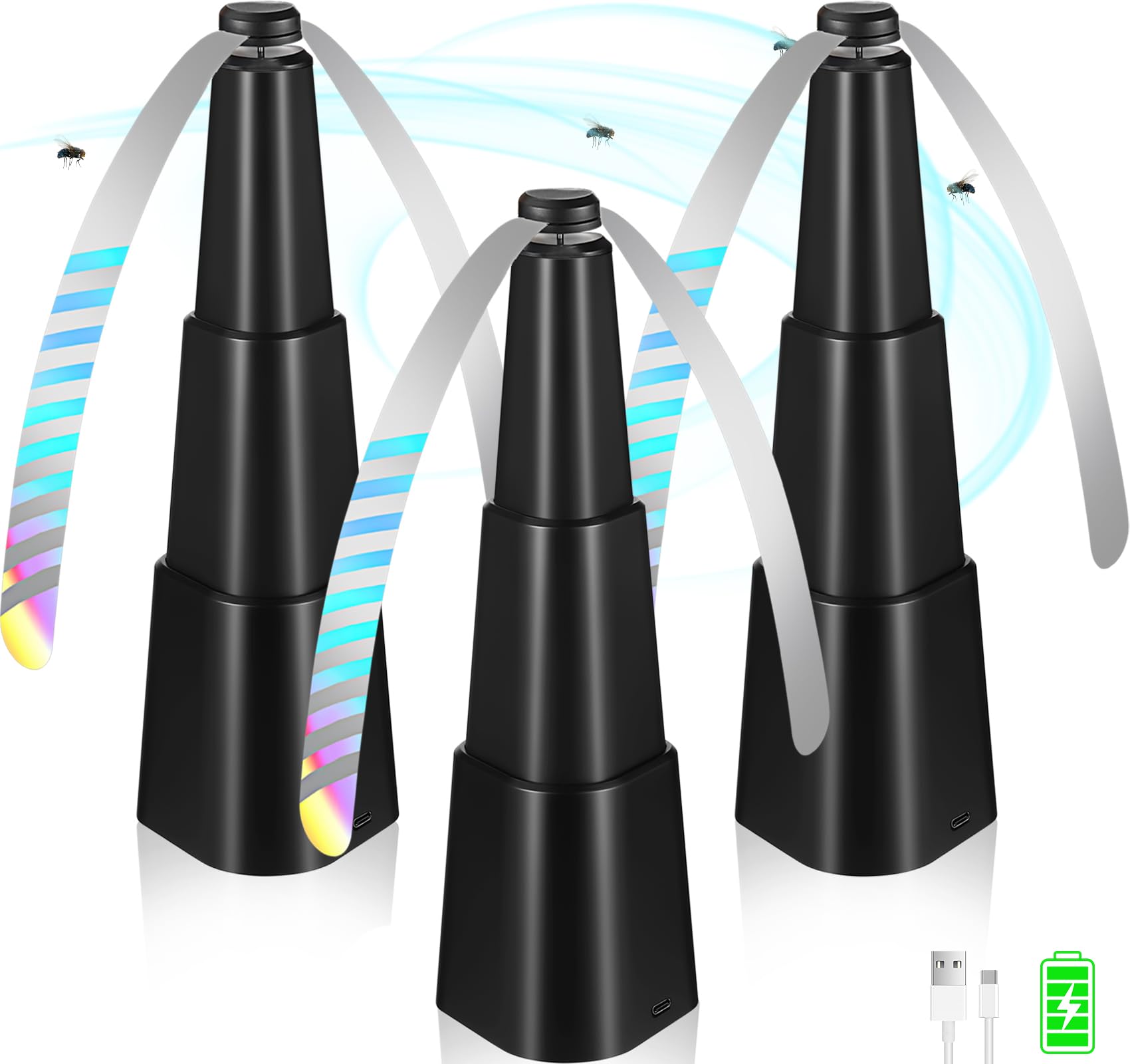 chemotex Fly Fan for Tables Rechargeable Fly Fan for Food Keeps Flies Away Fly Repellent Fans for Outdoor Table Top Bug Repellent Fan with Holographic Blades for Picnic (Black, 3Packs)