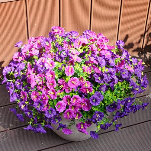 Image of Artificial Flowers for Outdoors, UV Resistant Fake Silk Morning Glory, Realistic Faux Plants for Outside Porch Patio Window Box Hanging Planter (16, Purple Fuchsia)