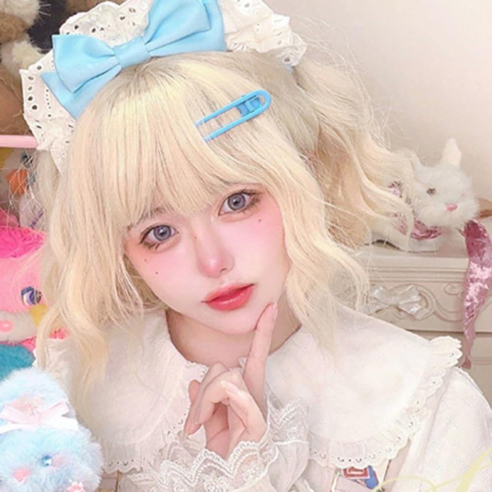 SCORRO Short Wavy Wig Brown, Blonde,Silver White,Pink Gradient Daily Wigs with Bangs, Natural Irregular Volume Party Halloween Wig Lolita Cosplay Wig for Women Girls (Platinum)