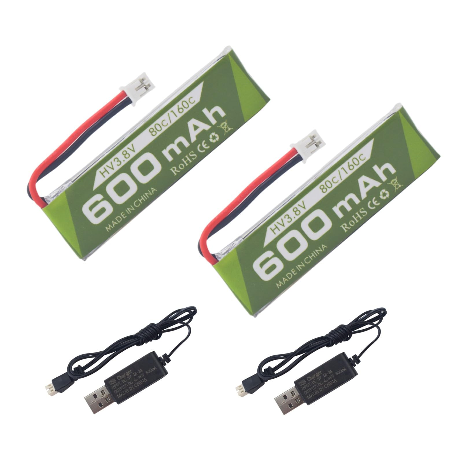 2pcs 1S 3.8V 80C 600mAh Lithium Battery with JST PH-2.0 Plug and USB Charging Cable for Cinehoop Tinyhawk Mini FPV Racing UAV RC Radio Controlled Aircraft