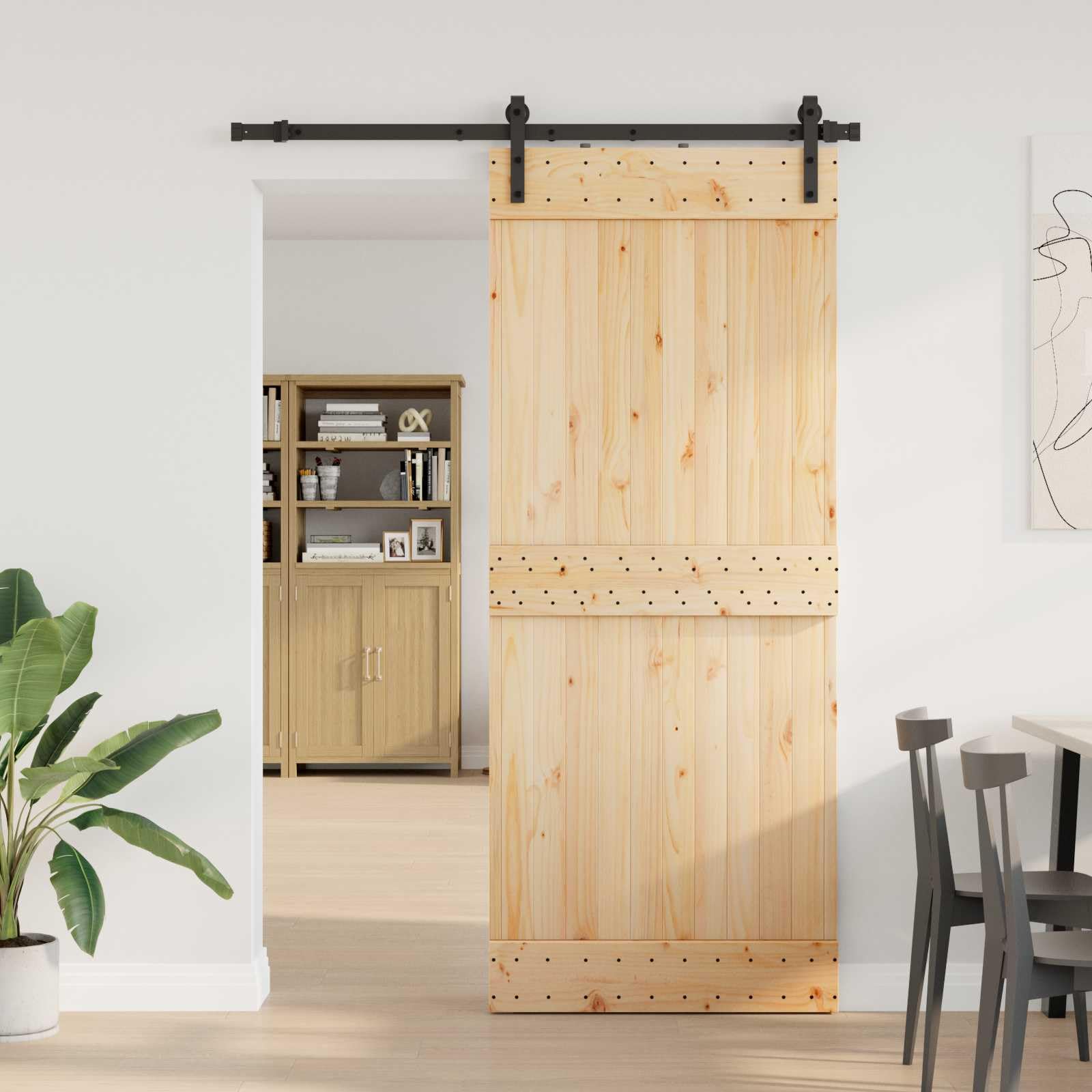 Puerta corredera Narvik natural y negra 85 x 210 cm | Madera de pino maciza, guía de acero, diseño que ahorra espacio, kit completo
