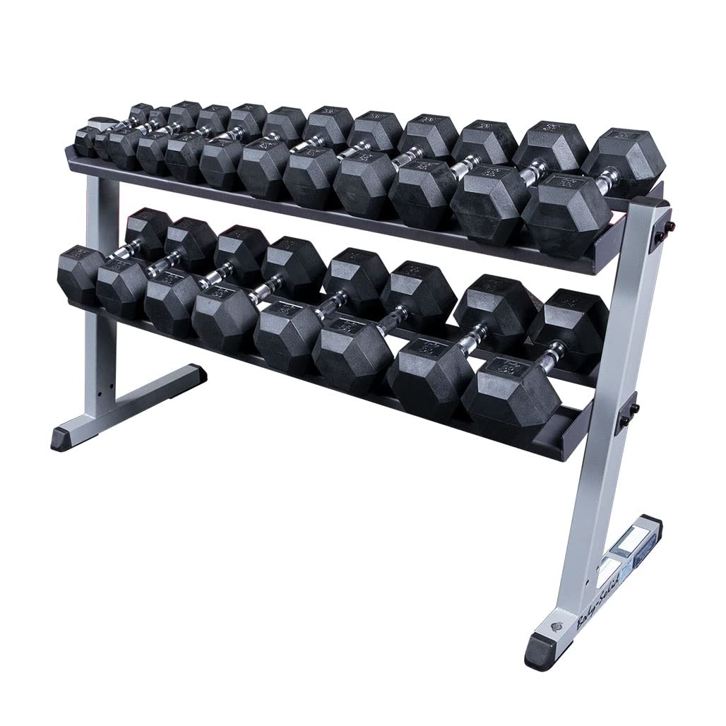 Body Solid GDR60-RFWS 5-50 lb Rubber Coat Hex Dumbbell Set Includes Heavy Duty 2-Tier Dumbbell Rack Commercial and