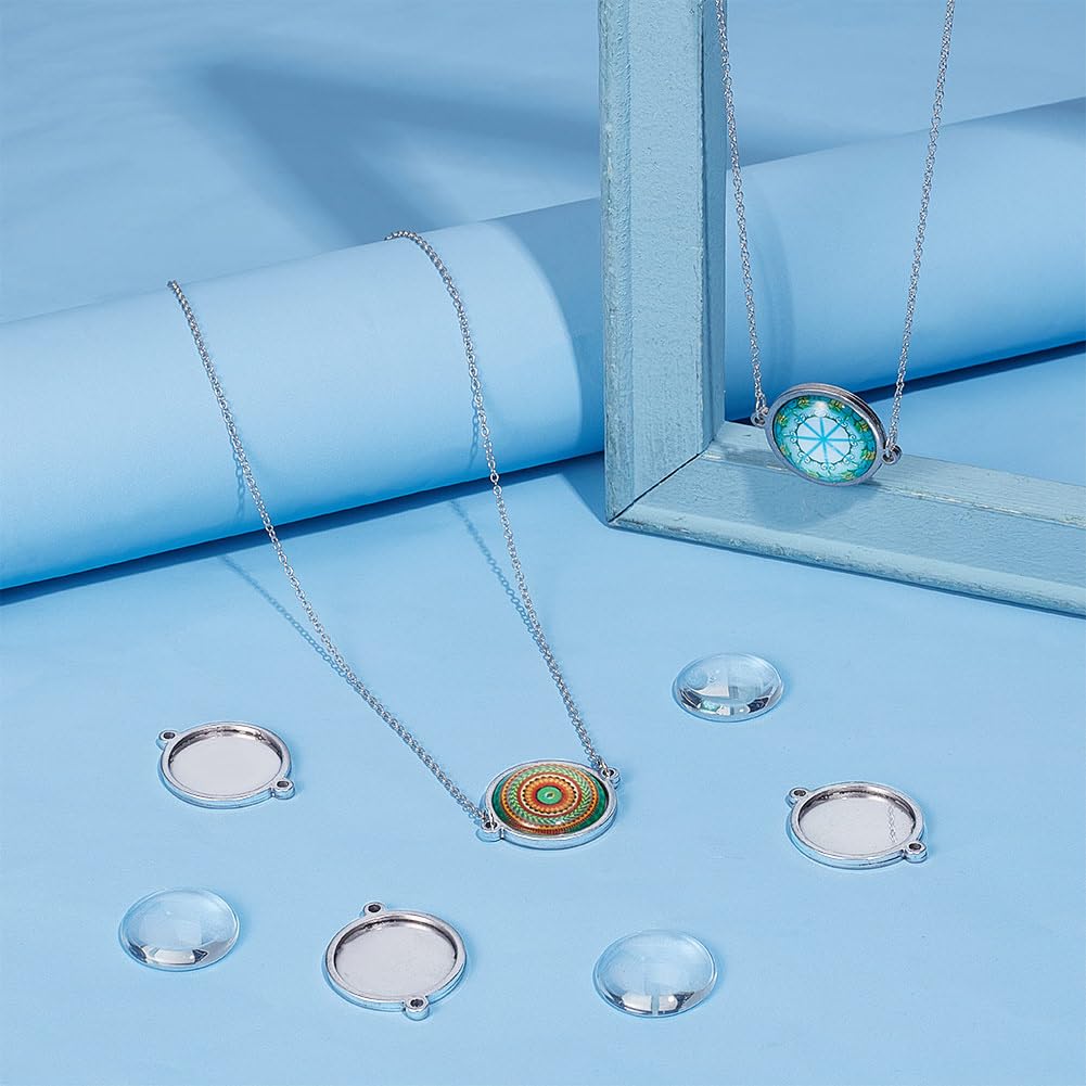 UNICRAFTALE 12 Sets Blank Dome Link Making Kit Flat Round Pendant Blanks Stainless Steel Cabochon Connector Settings Blanks Bezel Pendant Trays with Glass Cabochons for Jewelry Making